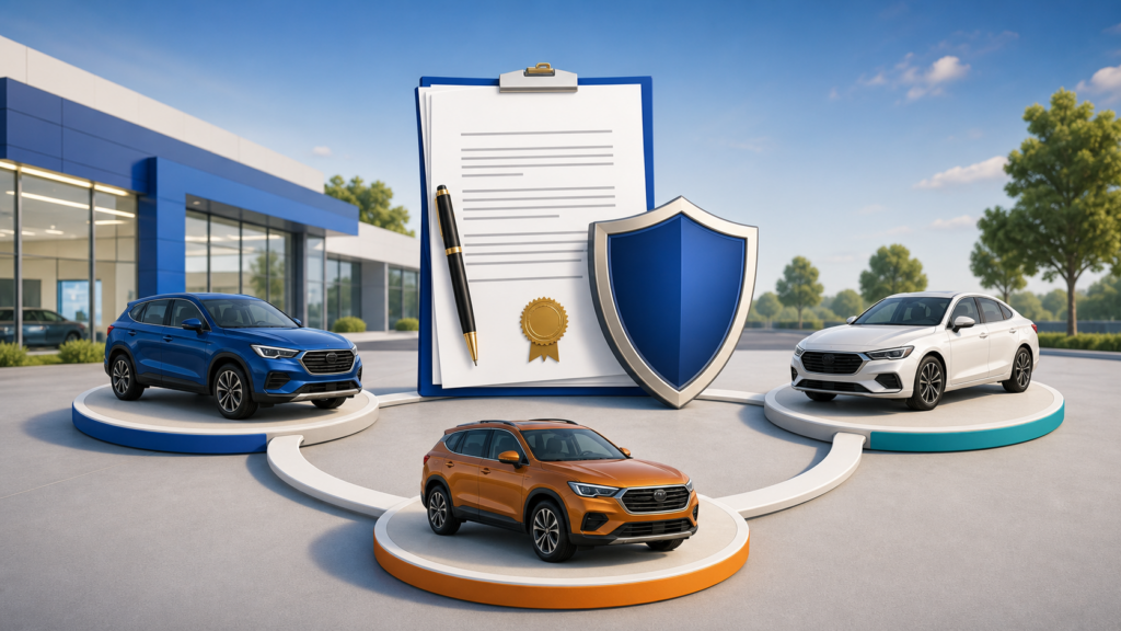 Auto dealership, bond document and shield illustrating a Nevada auto dealer surety bond